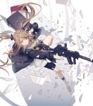  1girl arm_up bag bangs black_bag black_jacket black_shorts blood blood_on_face blood_on_leg bow brown_eyes brown_hair closed_mouth commentary full_body girls&#039;_frontline gun h&amp;k_ump9 hair_bow hair_ornament hairpin highres holding holding_gun holding_weapon id_card jacket licking_lips long_hair long_sleeves looking_away official_alternate_costume open_clothes open_jacket print_shirt rabb_horn sandals shirt shorts shoulder_bag smile socks solo submachine_gun tongue tongue_out torn_clothes torn_shirt twintails ump9_(girls&#039;_frontline) weapon white_shirt white_socks 