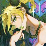  1girl blonde_hair braid bug butterfly eyeshadow green_background green_eyes green_eyeshadow green_hair green_nails green_shirt hair_bun hand_to_own_mouth jojo_no_kimyou_na_bouken kujo_jolyne lipstick looking_at_viewer makeup multicolored_hair nail nail_polish parted_lips shirt solo soorin sparkle stone_ocean tank_top thorns 