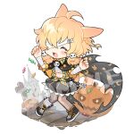  1girl :d ^_^ ahoge animal_ears arknights bandage_over_one_eye bandaged_arm bandages bangs black_cape black_skirt blonde_hair blush_stickers braid brown_pantyhose cape closed_eyes collared_shirt dog_ears dog_girl dog_tail facing_viewer hair_ornament hands_up jack-o&#039;-lantern kroos_(arknights) nail_polish navel open_clothes open_shirt orange_nails pantyhose plaid plaid_shirt riku_son sarashi shirt simple_background skeleton_print skirt skull_hair_ornament smile solo tail tied_shirt tower white_background 