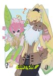  &lt;3 anthro bandai_namco belt brown_body brown_fur clothing digimon digimon_(species) fairy female fluffy_chest fur gloves group handwear hi_res horn humanoid lb4lvomtdufo0xl long_ears lopmon male ponytail_ears shirtless symbareangoramon trio yellow_body yellow_fur 