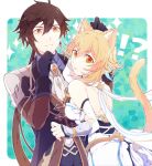  !? 1boy 1girl animal_ears aqua_background back backless_dress backless_outfit bangs bare_shoulders black_gloves blonde_hair breasts brown_hair cat_ears cat_tail collared_shirt commentary_request dress earrings feather_hair_ornament feathers flower formal genshin_impact gloves hair_between_eyes hair_flower hair_ornament hand_on_own_chin jacket jewelry long_hair long_sleeves lumine_(genshin_impact) medium_breasts necktie orange_eyes ponytail scarf shirt short_hair short_hair_with_long_locks sidelocks signature single_earring sparkle strapless strapless_dress suit t0petar0 tail tassel tassel_earrings vest white_dress white_flower white_necktie white_scarf zhongli_(genshin_impact) 