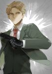  1boy black_gloves blonde_hair blue_eyes broken_glass closed_mouth crack formal glass glass_shards gloves grey_suit gun highres holding holding_gun holding_weapon looking_at_viewer mio_(user_fdyu4558) necktie red_necktie serious shattered short_hair solo spy_x_family suit twilight_(spy_x_family) weapon yor_briar 