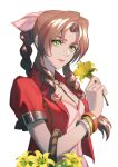  1girl aerith_gainsborough bangle bangs basket bracelet braid braided_ponytail breasts brown_hair choker cleavage cropped_jacket dress eilinna final_fantasy final_fantasy_vii final_fantasy_vii_remake flower flower_basket flower_choker green_eyes hair_ribbon holding holding_basket holding_flower jacket jewelry light_smile long_hair looking_at_viewer medium_breasts parted_bangs pink_dress pink_ribbon red_jacket ribbon short_sleeves sidelocks solo upper_body wavy_hair white_background yellow_flower 