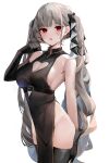  1girl absurdres asymmetrical_gloves azur_lane bangs bare_shoulders black_dress black_gloves black_thighhighs blush breasts cleavage cleavage_cutout clothing_cutout dress elbow_gloves formidable_(azur_lane) gloves grey_hair hair_ornament hair_ribbon highres large_breasts long_hair looking_at_viewer nephthys2356 parted_lips red_eyes ribbon simple_background thighhighs thighs twintails white_background 
