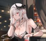  1girl absurdres arknights artist_name bangs bare_shoulders black_choker blush breasts choker cleavage dolechan drink earrings grey_hair highres horns jewelry large_breasts long_hair looking_at_viewer mudrock_(arknights) mudrock_(obsidian)_(arknights) necklace official_alternate_costume pointy_ears red_eyes see-through solo upper_body 