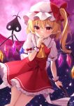  1girl blonde_hair bow crystal flandre_scarlet full_moon hat hat_bow highres laevatein_(touhou) looking_at_viewer miy@ mob_cap moon one_side_up pointy_ears puffy_short_sleeves puffy_sleeves red_eyes red_moon red_skirt red_vest short_sleeves skirt solo star_(sky) touhou vest wings wrist_cuffs 