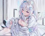  1girl amane_kanata angel arm_support bangs blue_hair breasts dress garter_straps hair_between_eyes hair_ornament hololive looking_at_viewer mouth_hold multicolored_hair on_bed pink_hair purple_eyes purple_nails red_armband shuri_(84k) small_breasts solo streaked_hair thighhighs virtual_youtuber white_dress white_hair white_thighhighs x_hair_ornament 