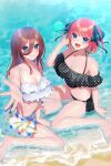  2girls :d absurdres arm_up bangs bare_shoulders barefoot beach bikini bikini_skirt black_bikini black_ribbon blue_eyes blunt_bangs blush breasts brown_hair butterfly_hair_ornament cleavage collarbone frilled_bikini frills from_above go-toubun_no_hanayome hair_between_eyes hair_ornament highres kurosaki_coco large_breasts lens_flare long_hair looking_at_viewer midriff multicolored_nails multiple_girls nail_polish nakano_miku nakano_nino navel outstretched_arm outstretched_hand patterned pink_hair polka_dot polka_dot_bikini raised_eyebrows reaching_out ribbon sand shore sidelocks simple_background sitting smile stomach sunlight swimsuit thick_thighs thighs twintails wariza water wet white_background white_bikini 