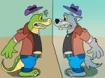  2021 3_toes 4_fingers alligator alligatorid anthro biped bottomwear brok_(character) brok_the_investigator canid canine canis clothing crocodilian feet fingers hat headgear headwear hi_res humanoid_hands jolly_the_lizard jollyville mammal pants reptile scalie shirt solo toes topwear video_games wolf 