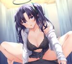  1boy 1girl black_bra black_panties black_skirt blue_archive blue_eyes blue_hair bra breasts cleavage girl_on_top highres irohara large_breasts long_hair open_clothes open_shirt panties shirt skirt squatting_cowgirl_position sweat thighs two_side_up underwear white_shirt yuuka_(blue_archive) 