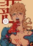  1boy birthmark blonde_hair blood blood_on_clothes blood_on_face blood_on_hands braid bug collarbone fangs giorno_giovanna heterochromia highres honlo jacket joestar_birthmark jojo_no_kimyou_na_bouken ladybug long_sleeves looking_at_viewer male_focus nipples open_clothes open_mouth pectorals pink_jacket solo toned toned_male tongue tongue_out undressing vento_aureo 