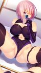  1girl 846-gou bangs bare_shoulders black_leotard black_thighhighs breasts cellphone elbow_gloves fate/grand_order fate_(series) gloves hair_over_one_eye highleg highleg_leotard highres large_breasts leotard light_purple_hair mash_kyrielight phone purple_eyes purple_gloves short_hair solo thigh_strap thighhighs thighs 