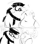  1:1 anthro armor big_shot_(splatoon) blush clothing duo embarrassed fish japanese_text kissing male male/male marine minor_human monochrome nintendo overalls salmon salmonid_(fish) salmonid_(splatoon) shy splatoon steelhead text video_games 