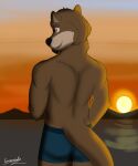  absurd_res anthro bottomwear brown_body brown_fur chase_hunter clothed clothing digital_media_(artwork) echo_(game) echo_(series) echo_project facial_hair fur greensodafennec hi_res lake lutrine male mammal mustelid simple_background smile solo video_games visual_novel 
