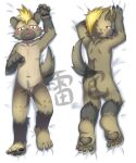  absurd_res anthro bed bedding bedding_background blonde_hair blush dakimakura_design embarrassed fallacies featureless_crotch furniture hair hi_res hyaenid lifewonders live-a-hero male mammal nude roiker solo video_games 