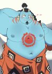  2022 blue_body blush fish-men_(one_piece) haoming hi_res humanoid_hands jinbe kemono male marine moobs navel nipples one_piece overweight overweight_male scar solo 