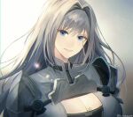  1girl armor bangs blue_eyes breast_tattoo breasts cleavage_cutout closed_mouth clothing_cutout ethel_(xenoblade) grey_hair hair_between_eyes hair_intakes head_tilt large_breasts leaf_(esabacoo) lips long_hair looking_at_viewer pink_lips shoulder_armor smile solo tattoo twitter_username upper_body very_long_hair xenoblade_chronicles_(series) xenoblade_chronicles_3 