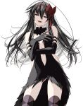  1girl absurdres akemi_homura akuma_homura argyle argyle_legwear bangs bare_shoulders black_dress black_gloves black_hair bow dress elbow_gloves gloves hair_bow highres long_hair looking_at_viewer mahou_shoujo_madoka_magica mahou_shoujo_madoka_magica:_hangyaku_no_monogatari misteor navel open_mouth purple_eyes red_bow simple_background smile solo strapless strapless_dress thighhighs white_background 