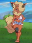  anthro breasts clothed clothing day deathzera eeveelution female flareon generation_1_pokemon hi_res looking_at_viewer nintendo open_mouth orange_body outside paws pokemon pokemon_(species) pokemorph solo video_games 