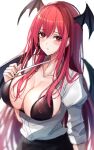  .me 1girl bat_wings blurry blurry_foreground blush breasts cleavage depth_of_field head_wings highres koakuma large_breasts long_hair looking_at_viewer red_eyes red_hair shirt solo touhou wings 