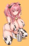  1girl :q absurdres animal_ears animal_print azur_lane bangs bare_shoulders bell belt bikini blush breasts bremerton_(azur_lane) bridal_gauntlets cleavage collar collarbone commentary_request covered_nipples cow_ears cow_girl cow_horns cow_print cowbell ear_piercing fake_animal_ears fake_horns full_body grey_hair hair_between_eyes hair_intakes hair_ornament hairclip high_heels highres horns huge_breasts large_breasts long_hair looking_at_viewer milk_churn mole mole_on_breast mole_under_eye multicolored_hair neck_bell one_knee orange_background piercing pink_belt pink_collar pink_eyes pink_hair raki_(x25) shadow shoes side-tie_bikini_bottom sidelocks simple_background skindentation smile solo stomach streaked_hair swimsuit thighhighs tongue tongue_out twintails two-tone_hair underwear white_bikini white_footwear white_thighhighs yellow_background 
