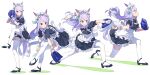  1girl absurdres alternate_costume animal_ears apron ball bangs baseball baseball_mitt bike_shorts black_footwear clenched_teeth enmaided frills high_heels highres holding holding_ball horse_ears horse_girl horse_tail leg_up long_hair maid maid_apron maid_headdress mejiro_mcqueen_(umamusume) multiple_views nishiki_kazue purple_eyes purple_hair simple_background tail teeth thighhighs umamusume white_background white_thighhighs 