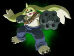  4:3 ammo_belt anthro bandai_namco beady_eyes bottomwear claws clothing denim denim_clothing digimon digimon_(species) fallacies fur gargomon green_body green_fur gun_arm hi_res horn jeans male pants shirtless slightly_chubby solo 