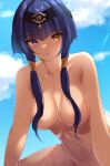  1girl bangs black_hairband blue_sky blush breasts candace_(genshin_impact) cloud commentary_request completely_nude genshin_impact hair_over_breasts hair_over_shoulder hairband haneramu heterochromia highres large_breasts looking_at_viewer navel nude parted_lips purple_eyes purple_hair short_hair_with_long_locks sky solo wet yellow_eyes 