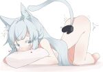  1girl animal_ears arknights ass blue_eyes blue_hair blush cat_ears cat_tail completely_nude heart highres hug long_hair looking_at_viewer nude pillow rosmontis_(arknights) signal_1120 simple_background solo tail top-down_bottom-up white_background 