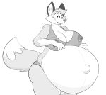  2020 anthro belly big_belly big_breasts bikini blush bodily_fluids breasts canid canine clothing dipstick_tail erect_nipples female fox fur lactating looking_down mammal markings monochrome navel nipples outie_navel pregnant smile solo swimwear tail_markings thick_thighs titsunekitsune zera_(titsunekitsune) 
