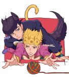  2boys animal_ears black_hair blonde_hair blue_eyes bug cat_boy cat_ears cat_tail diamond_wa_kudakenai dog_boy dog_ears earrings english_text gakuran giorno_giovanna green_eyes higashikata_josuke highres honlo jacket jewelry jojo_no_kimyou_na_bouken ladybug long_hair long_sleeves looking_at_another lying lying_on_person male_focus multiple_boys nervous_smile on_stomach pants parted_lips peace_symbol pectorals pink_jacket pink_pants pompadour school_uniform sweat tail toned toned_male vento_aureo yarn yarn_ball 