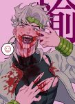  1boy alternate_color black_leotard black_nails bleeding blonde_hair blood blood_on_clothes blood_on_face blood_on_hands blush bracelet dio_brando earrings fangs finger_in_own_mouth fingernails headband heart highres honlo hoop_earrings injury jacket jewelry jojo_no_kimyou_na_bouken leotard long_hair long_sleeves looking_at_viewer male_focus mouth_pull nipples open_mouth pectorals pink_background red_eyes scratches sharp_fingernails solo stardust_crusaders teeth tongue torn_clothes vampire 