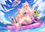  1girl absurdres afloat animal_ears anklet armlet bangs barefoot bikini bird blue_eyes blush boat bracelet breasts cat cat_ears cat_girl cat_tail crescent cup day flower hair_flower hair_ornament hat hat_removed headwear_removed highres holding holding_cup indie_virtual_youtuber jewelry ken-san large_breasts long_hair looking_at_viewer ocean outdoors qiuyue_ying&#039;er sailboat seagull sitting sky soaking_feet sunflower swimsuit tail thighs very_long_hair virtual_youtuber water water_drop watercraft white_bikini white_hair 