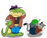  2021 alligator alligatorid alpha_channel anthro biped bottomwear brok_(character) brok_the_investigator clothing crocodilian domestic_cat duo eyes_closed felid feline felis graff_filsh green_body grey_body hat headgear headwear hoodie humanoid_hands jolly_the_lizard jollyville mammal pants reptile scalie shirt simple_background topwear transparent_background 