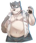  anthro bawp13 belly blue_eyes canid canine canis clothed clothing domestic_dog eyebrows fur gesture grey_body grey_fur hi_res lifewonders male mammal moritaka musclegut navel one_eye_closed open_clothing open_shirt open_topwear pawpads pecs scar shirt solo thick_eyebrows tokyo_afterschool_summoners topwear video_games waving wink 