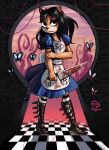  activision alice_(alice_in_wonderland) alice_in_wonderland alice_liddell alice_madness_returns alvh-omega american_mcgee&#039;s_alice anthro artist_logo bandicoot black_hair black_nose blood bodily_fluids boots bow_(feature) bow_accessory breasts buttfly clothed clothing coco_bandicoot crash_bandicoot_(series) crossover digital_media_(artwork) dress eyelashes eyeshadow female fingers footwear fur green_eyes hair hi_res high_heeled_boots high_heels holding_object holding_weapon jewelry knife legwear lipstick logo long_hair makeup mammal marsupial necklace shaded shadow solo stockings video_games weapon 