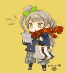  1girl :o backpack bag bow brown_eyes brown_hair chibi dated full_body hair_bow jacket long_hair love_live! love_live!_school_idol_project minami_kotori mota one_side_up open_mouth scarf simple_background skirt solo 