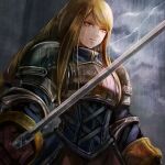  1girl agrias_oaks armor blonde_hair braid braided_ponytail brown_eyes closed_mouth cloud final_fantasy final_fantasy_tactics gloves knight long_hair rain single_braid solo sushi_(sashimise) sword thunder weapon wet 