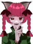  1girl animal_ears bangs blunt_bangs bow braid cat_ears dress eyelashes fangs green_dress hair_bow hair_ribbon hand_up kaenbyou_rin konkuri251 looking_at_viewer portrait red_eyes red_hair ribbon sharp_teeth simple_background solo teeth touhou tress_ribbon twin_braids uneven_eyes v_over_mouth white_background 