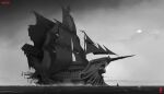  1other absurdres artist_name copyright_name den_(denwhat) highres league_of_legends legends_of_runeterra monochrome ocean outdoors pirate pirate_ship riot_games ship solo standing tagme water watercraft 