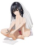  1girl bangs barefoot black_hair blush brown_eyes clipping_nails closed_mouth full_body hair_between_eyes mattaku_mousuke nail_clippers original red_shorts shadow shirt short_shorts short_sleeves shorts simple_background soles solo towel towel_on_head twitter_username watermark white_background white_shirt 