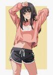  1girl absurdres arms_up bangs black_hair black_shorts border chainsaw_man clothes_writing commentary dolphin_shorts ear_piercing feet_out_of_frame hand_on_own_head highres long_hair long_sleeves looking_at_viewer navel outside_border piercing pink_shirt ringed_eyes scar scar_on_cheek scar_on_face scar_on_nose shiren_(ourboy83) shirt shorts solo standing white_border yellow_background yoru_(chainsaw_man) 