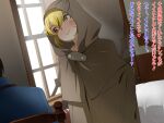  1boy 1girl argo_the_rat bed blonde_hair blue_jacket brown_coat brown_eyes chair coat commentary_request facial_mark hood hood_up indoors jacket looking_at_another short_hair sitting smile solo_focus sword_art_online translation_request vogel_schwein whisker_markings window 