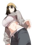  1girl breasts closed_mouth crop_top from_below hair_between_eyes hair_ornament hairclip large_breasts midriff muchi_maro original pants short_hair shrug_(clothing) solo sports_bra standing white_background 