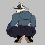  2021 big_butt bottomwear broly_culo butt butt_focus chaohenabbot clothed clothing crouching fan_character footwear friday_night_funkin&#039; fully_clothed grey_background hat headgear headwear hi_res hoodie horn horned_humanoid humanoid male meme not_furry pants parody shoes signature simple_background solo spread_legs spreading tabi_(fnf) topwear 