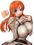  1girl amania_orz bleach blue_eyes breasts hair_ornament hairclip hairpin highres huge_breasts inoue_orihime medium_hair open_mouth orange_hair simple_background smile solo taut_clothes teeth upper_teeth white_background 