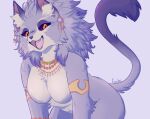  anthro belladonna_(trials_of_mana) breasts ear_piercing ear_ring felid feline female froste fur fur_pattern hair jewelry mammal multicolored_hair necklace orange_eyes piercing pupils purple_body purple_fur purple_sclera ring_piercing simple_background smile solo tail_tuft trials_of_mana tuft two_tone_hair white_body white_fur 