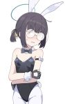  1girl animal_ears bangs bare_shoulders black_gloves black_hair black_leotard blue_archive blunt_bangs blush breasts brown_eyes cleavage commentary_request fingerless_gloves glasses gloves groin halo highres leotard looking_at_viewer millennium_science_school_student nose_blush nyaru_(nyaru_4126) pantyhose parted_lips playboy_bunny ponytail rabbit_ears rabbit_tail round_eyewear simple_background small_breasts solo strapless strapless_leotard sweat tail v-shaped_eyebrows white_background white_pantyhose wrist_cuffs 