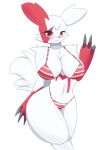  anthro blush breasts clothed clothing female generation_3_pokemon hi_res looking_at_viewer nintendo pilu_(artist) pokemon pokemon_(species) pokemorph red_eyes simple_background solo video_games white_background white_body zangoose 