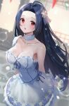  1girl :o absurdres ahoge bangs blue_hair blurry blurry_background blush breasts choker cleavage collarbone dark_blue_hair dress forehead highres idolmaster idolmaster_(classic) idolmaster_million_live! large_breasts lens_flare long_hair looking_at_viewer miura_azusa parted_bangs snowflake_ornament solo straight_hair very_long_hair white_choker white_dress yurancoco 